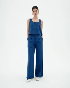 Pantalon bleu wide leg seersucker Manolita