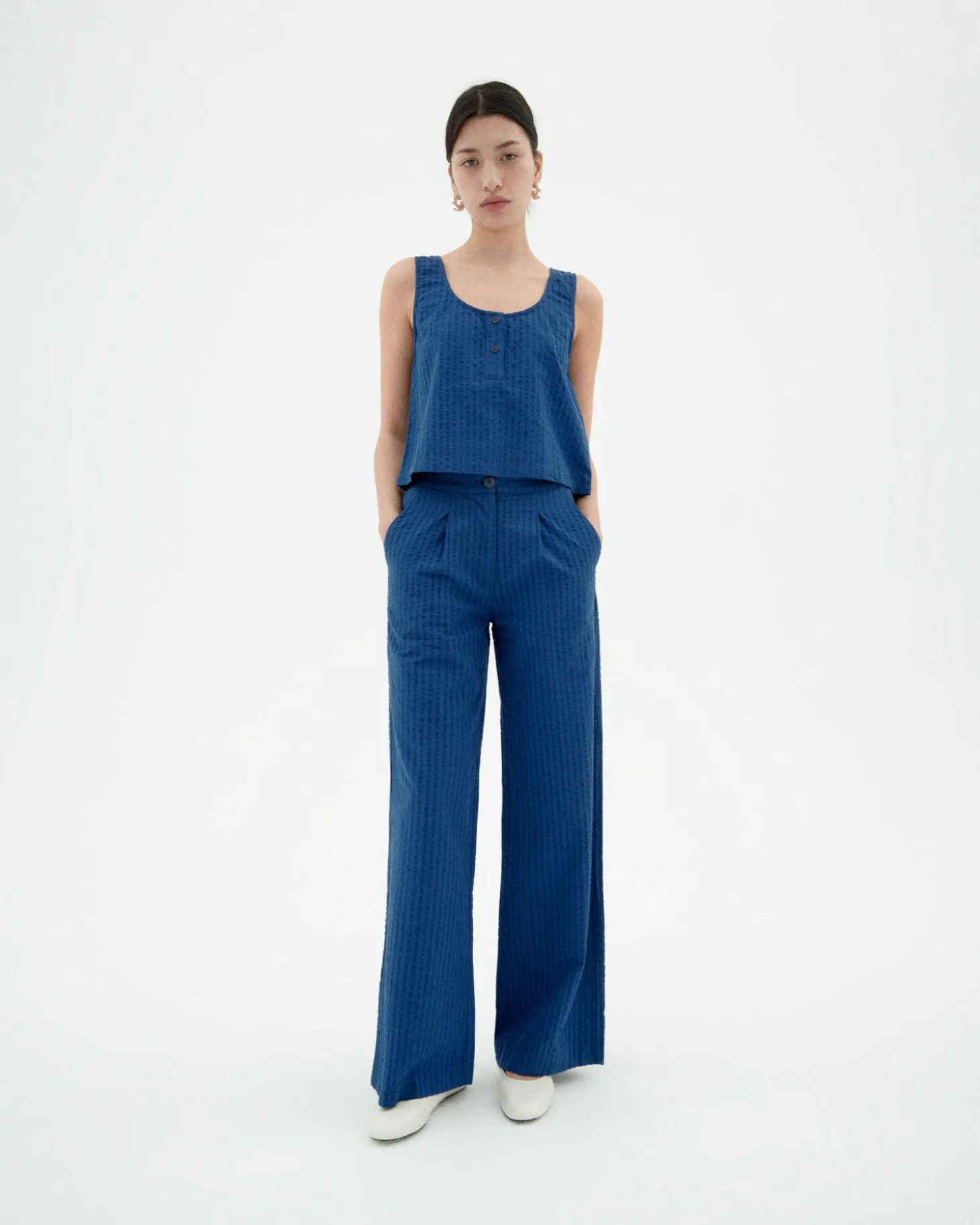 Pantalon bleu wide leg seersucker Manolita