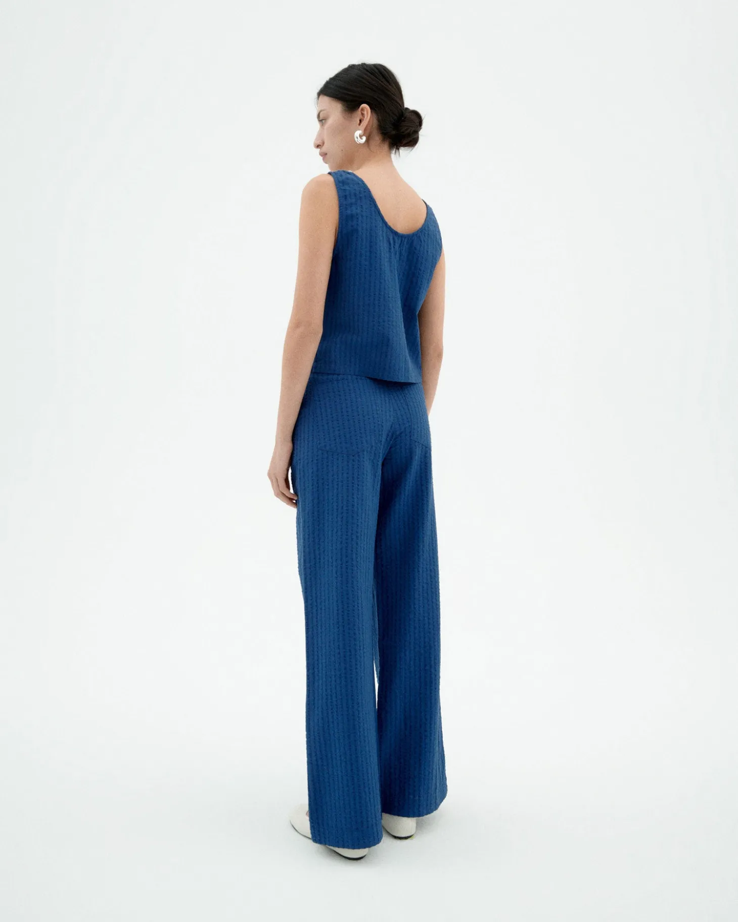 Pantalon bleu wide leg seersucker Manolita