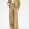 Pantalon camel wide leg brodé à la main Hedda