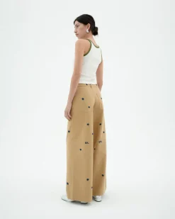Pantalon camel wide leg brodé à la main Hedda