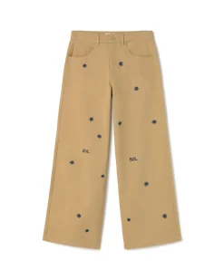 Pantalon camel wide leg brodé à la main Hedda