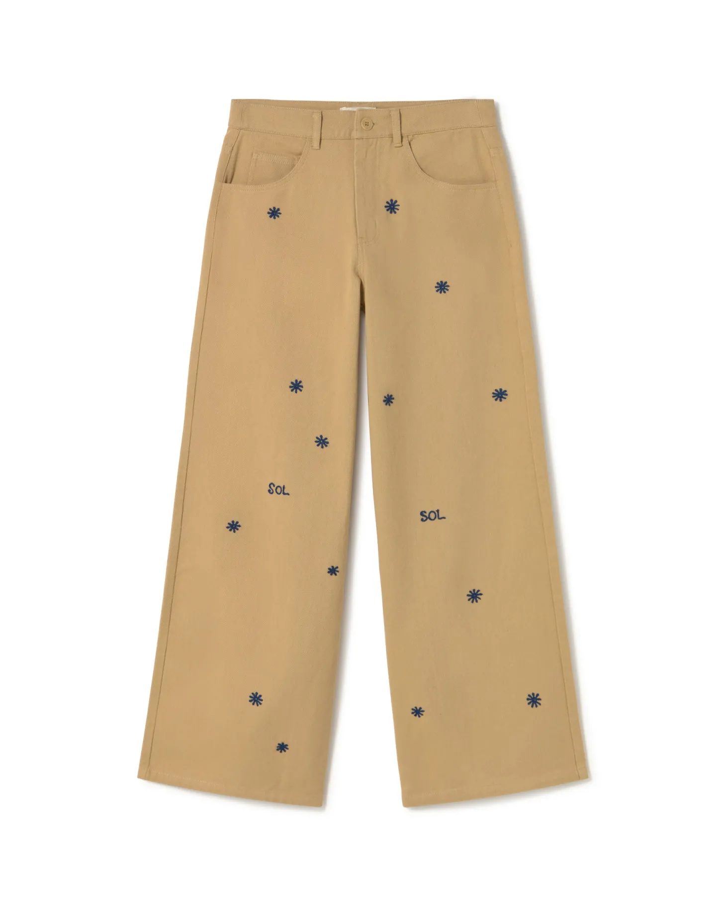 Pantalon camel wide leg brodé à la main Hedda