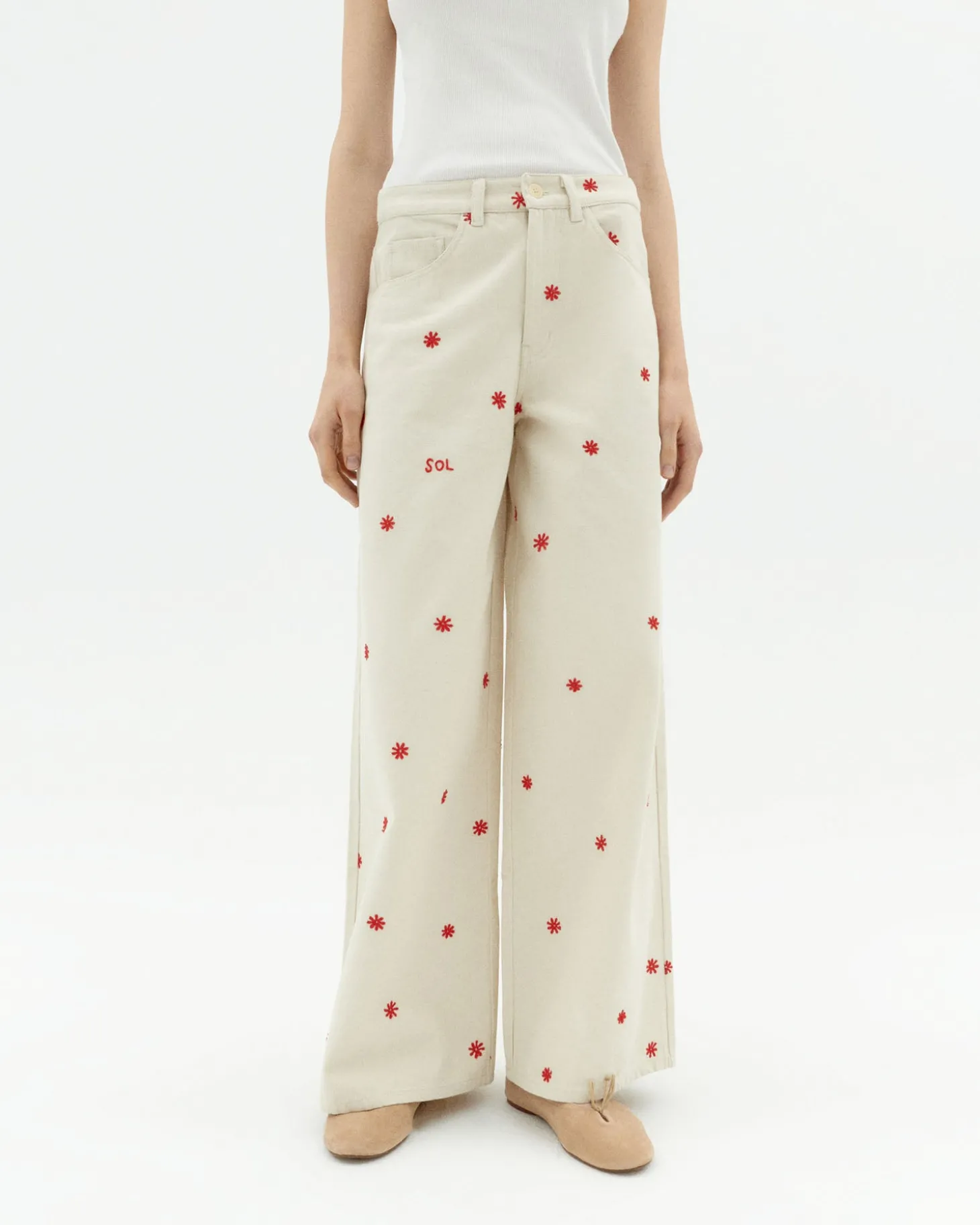 Pantalon écru wide leg brodé à la main Hedda