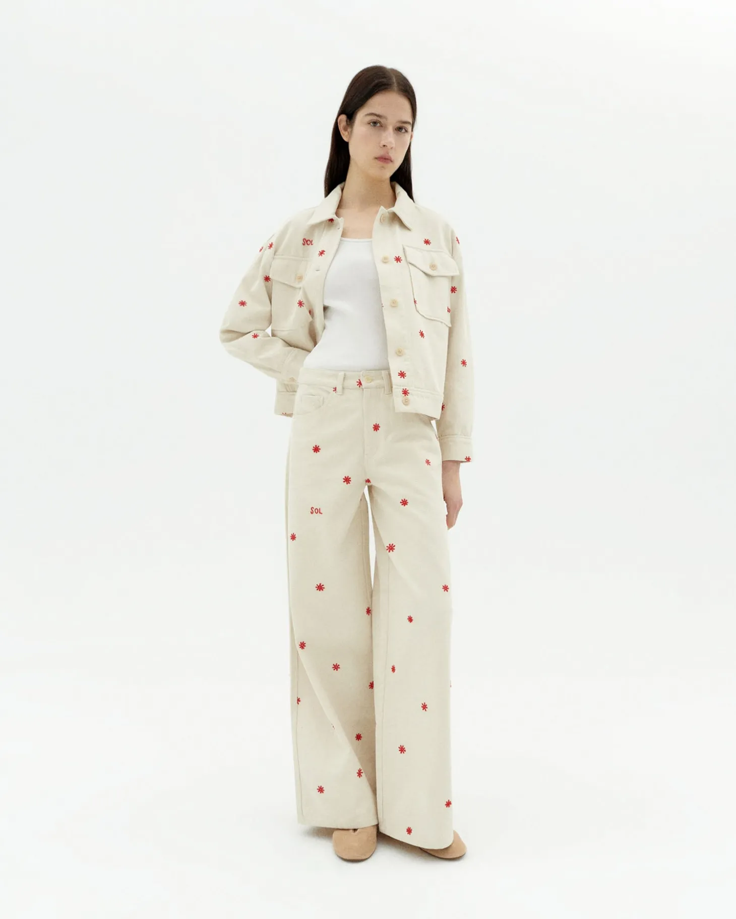 Pantalon écru wide leg brodé à la main Hedda