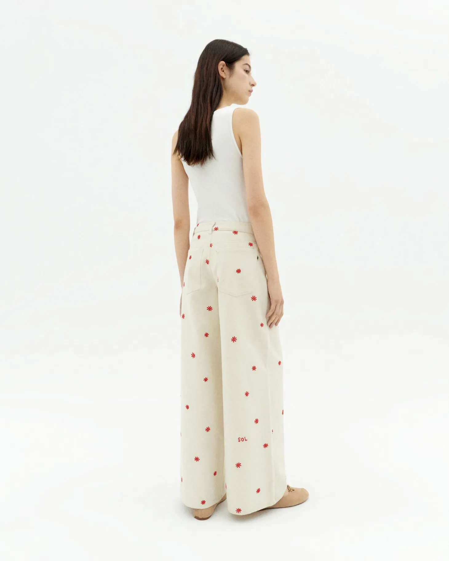 Pantalon écru wide leg brodé à la main Hedda