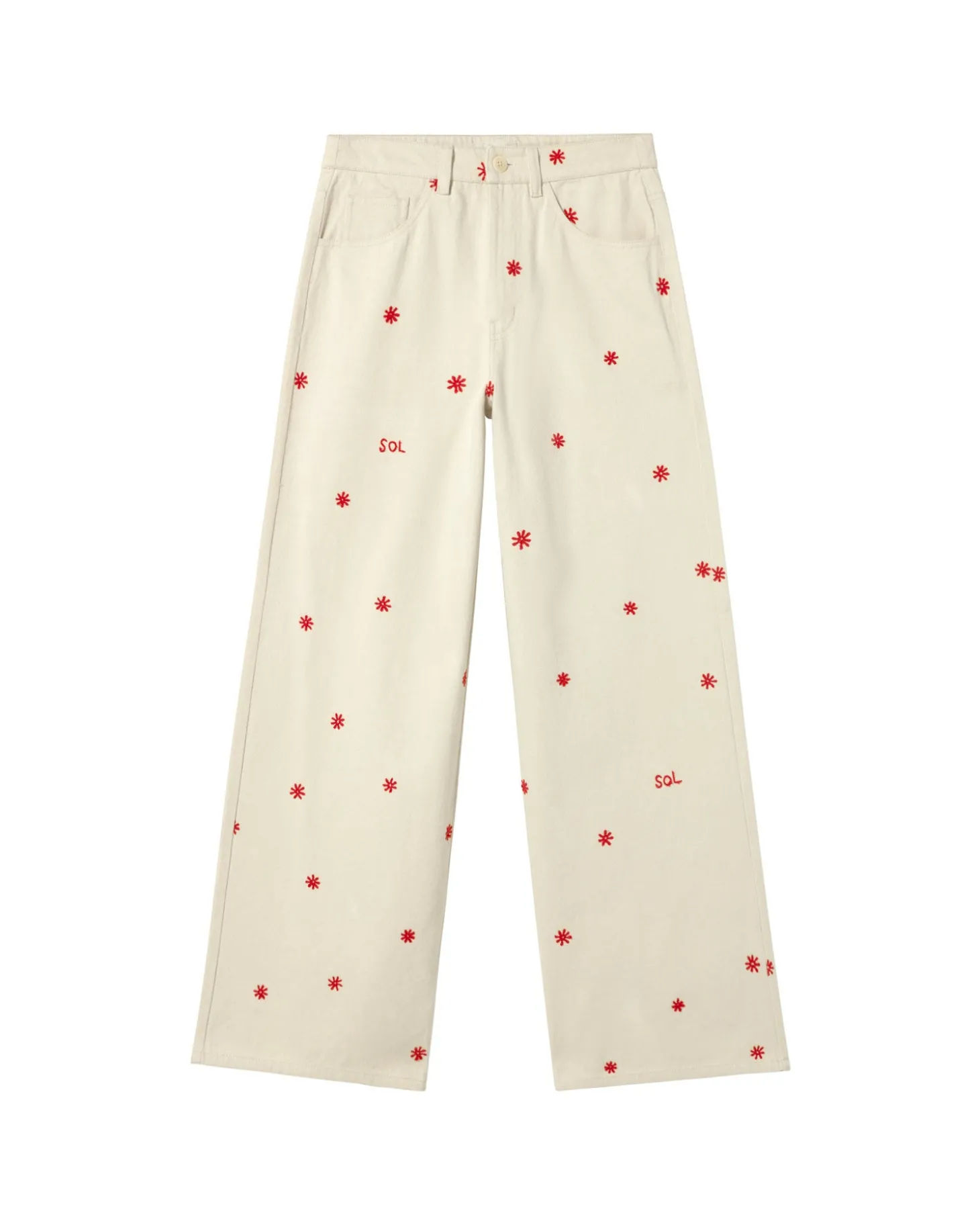 Pantalon écru wide leg brodé à la main Hedda