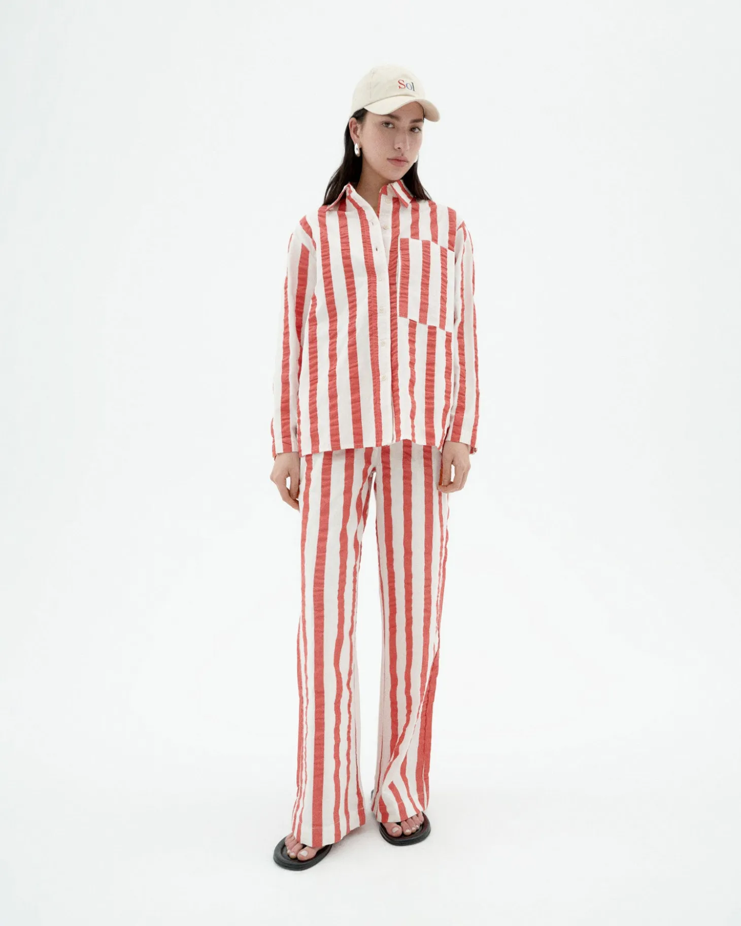 Pantalon wide leg seersucker à rayures Manolita