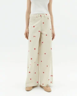 Pantalon écru wide leg brodé à la main Hedda